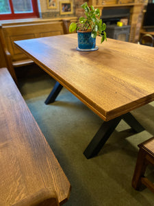 Oak table. Made from reclaimed pews. Stunning, solid, substantial tables.