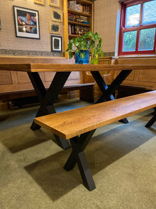 Oak table. Made from reclaimed pews. Stunning, solid, substantial tables.