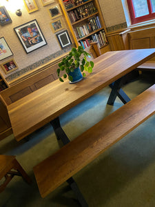 Oak table. Made from reclaimed pews. Stunning, solid, substantial tables.