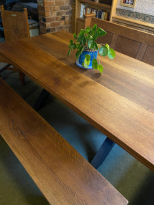 Oak table. Made from reclaimed pews. Stunning, solid, substantial tables.