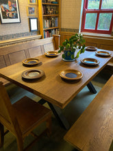 Load image into Gallery viewer, Oak table. Made from reclaimed pews. Stunning, solid, substantial tables.