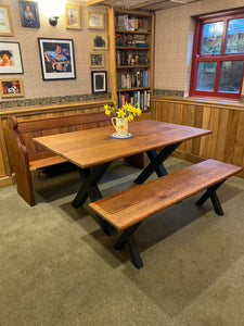 Pew, table and bench to match. Reclaimed Pitch pine. Bespoke sizes available.