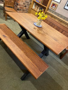 Pew, table and bench to match. Reclaimed Pitch pine. Bespoke sizes available.