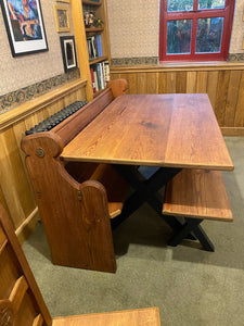 Pew, table and bench to match. Reclaimed Pitch pine. Bespoke sizes available.