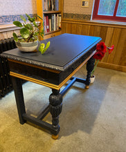 Load image into Gallery viewer, Oak Painted Table. Carved with Green Man Handles. Midnight Blue and Gold.