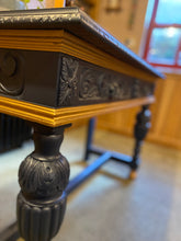 Load image into Gallery viewer, Oak Painted Table. Carved with Green Man Handles. Midnight Blue and Gold.