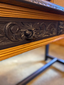 Oak Painted Table. Carved with Green Man Handles. Midnight Blue and Gold.