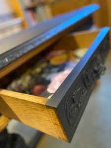 Oak Painted Table. Carved with Green Man Handles. Midnight Blue and Gold.