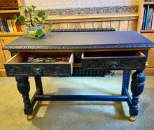 Load image into Gallery viewer, Oak Painted Table. Carved with Green Man Handles. Midnight Blue and Gold.