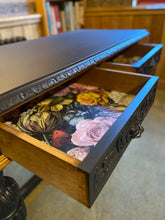 Load image into Gallery viewer, Oak Painted Table. Carved with Green Man Handles. Midnight Blue and Gold.