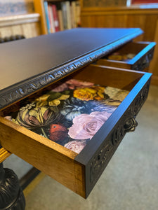 Oak Painted Table. Carved with Green Man Handles. Midnight Blue and Gold.