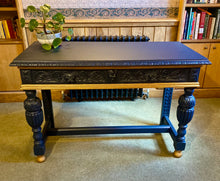 Load image into Gallery viewer, Oak Painted Table. Carved with Green Man Handles. Midnight Blue and Gold.