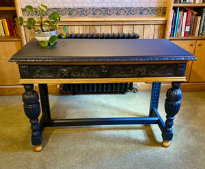 Oak Painted Table. Carved with Green Man Handles. Midnight Blue and Gold.