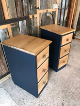 Load image into Gallery viewer, Two solid oak slimline bedside tables with drawers.