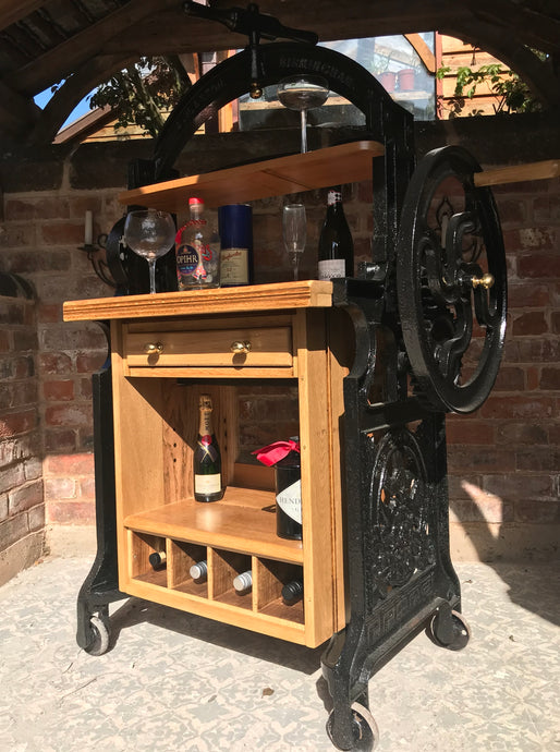 Unique drinks station for gin, wine or cocktails made from a mangle and solid oak