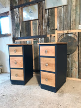 Load image into Gallery viewer, Two solid oak slimline bedside tables with drawers.